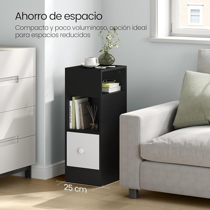 Mesita de Noche Estrecha Gris Oscuro con 2 Compartimentos y 1 Cajón, 25x30x66 cm, Mesilla Auxiliar para Dormitorio Pequeño y Salón Espacios Reducidos, Moderno Madera, 0010CTG