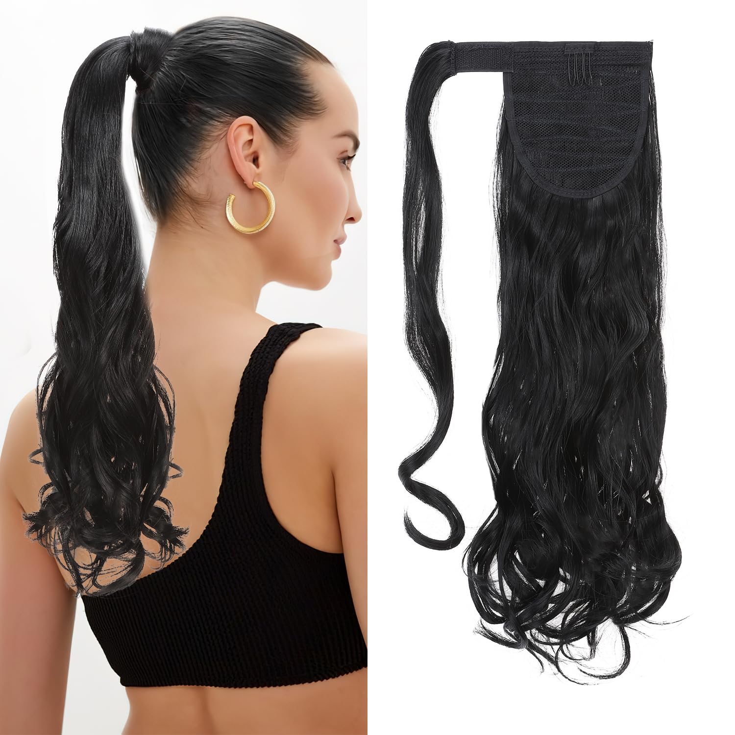 24" Long Curly Wavy Wrap Around Ponytail Clip in Hair Extensions One Piece Hairpiece Magic Tape in Pony Tail Extension for Women Dark Black