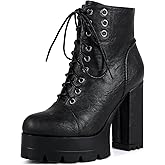 Earriy Myfoy Women High Chunky Block Platform Heel Round Toe Side Zipper Ankle Boots Short Bootie Shoes