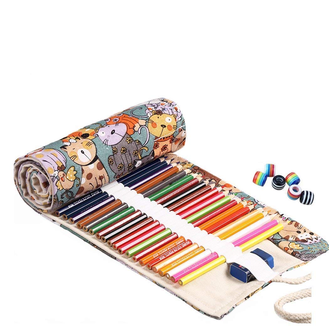 Amoyie Roll Up Pencil Case for 72 Coloured Pencils, Foldable Colouring Pen Organiser Bag, Canvas Coloring Pens Holder, Artist Wrap, Green Cat Bead