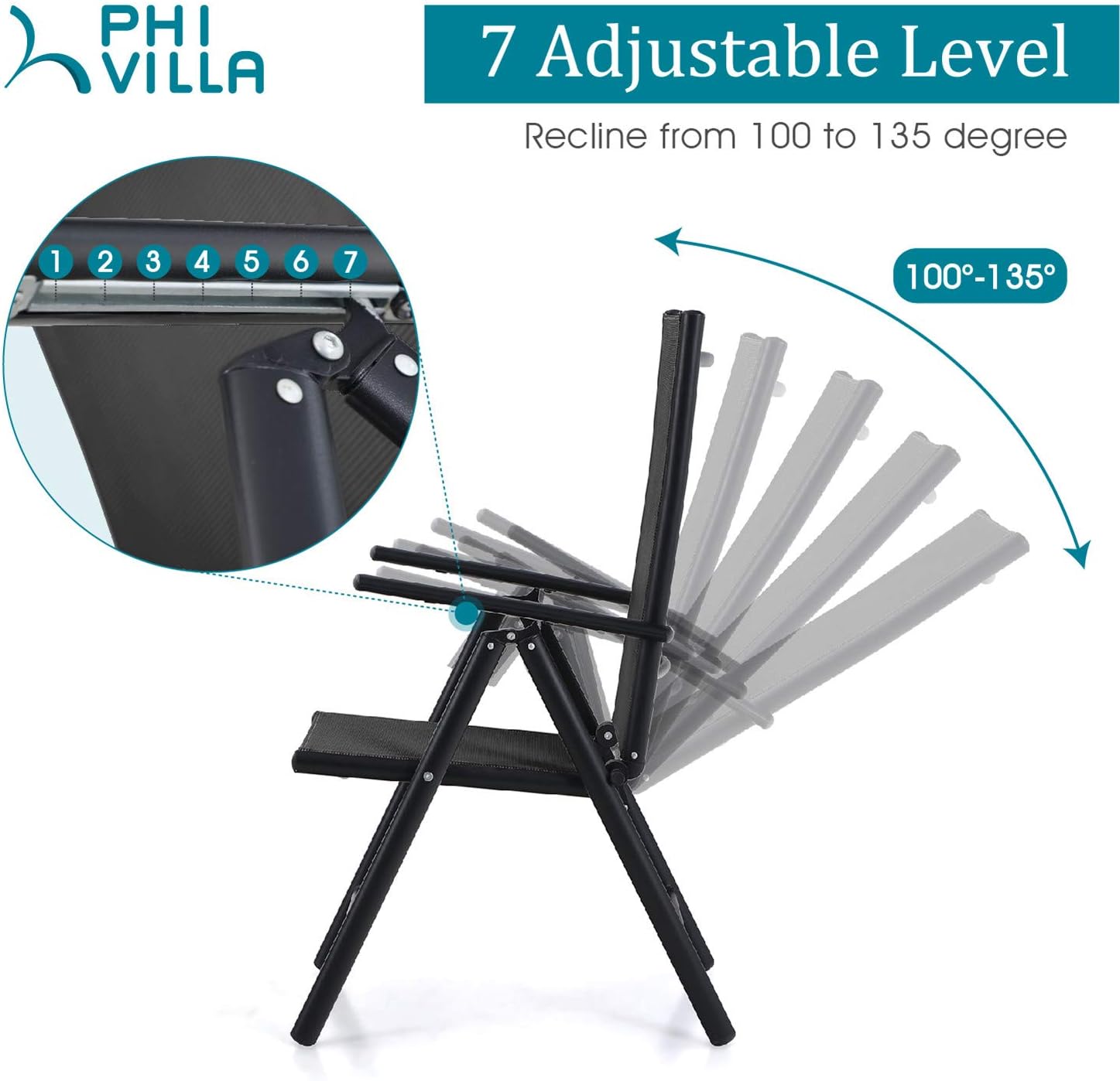 PHI VILLA Garden Chairs Sets of 2 Foldable with Aluminum frame, Adjustable with 7 Seating Positions - Image 3