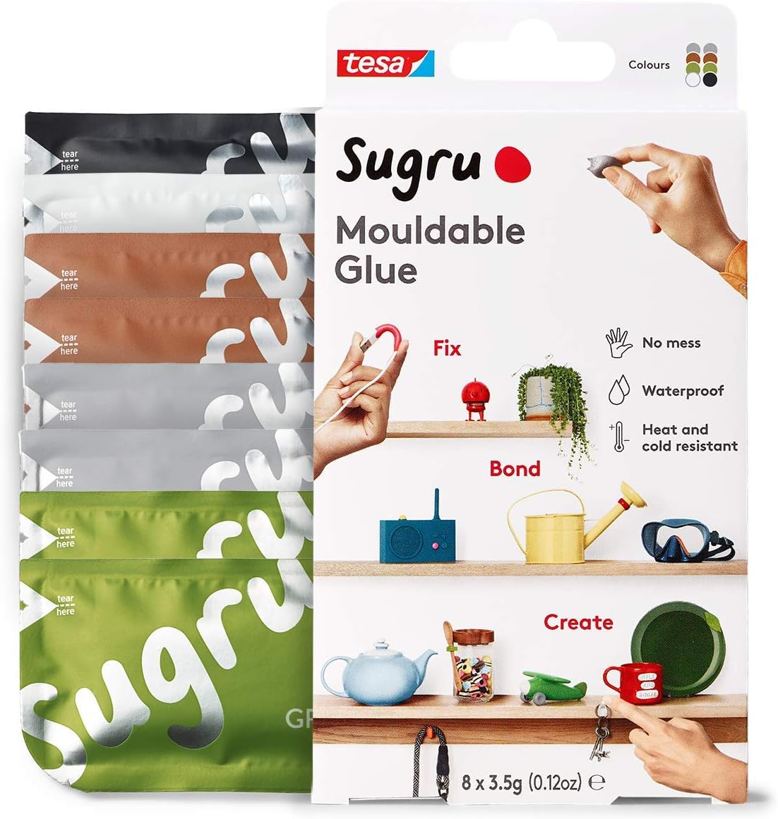 Sugru by tesa - Mouldable Multi-Purpose Glue for Creative Fixing and Making Black, White, Green, Brown and Gray, 8-Pack