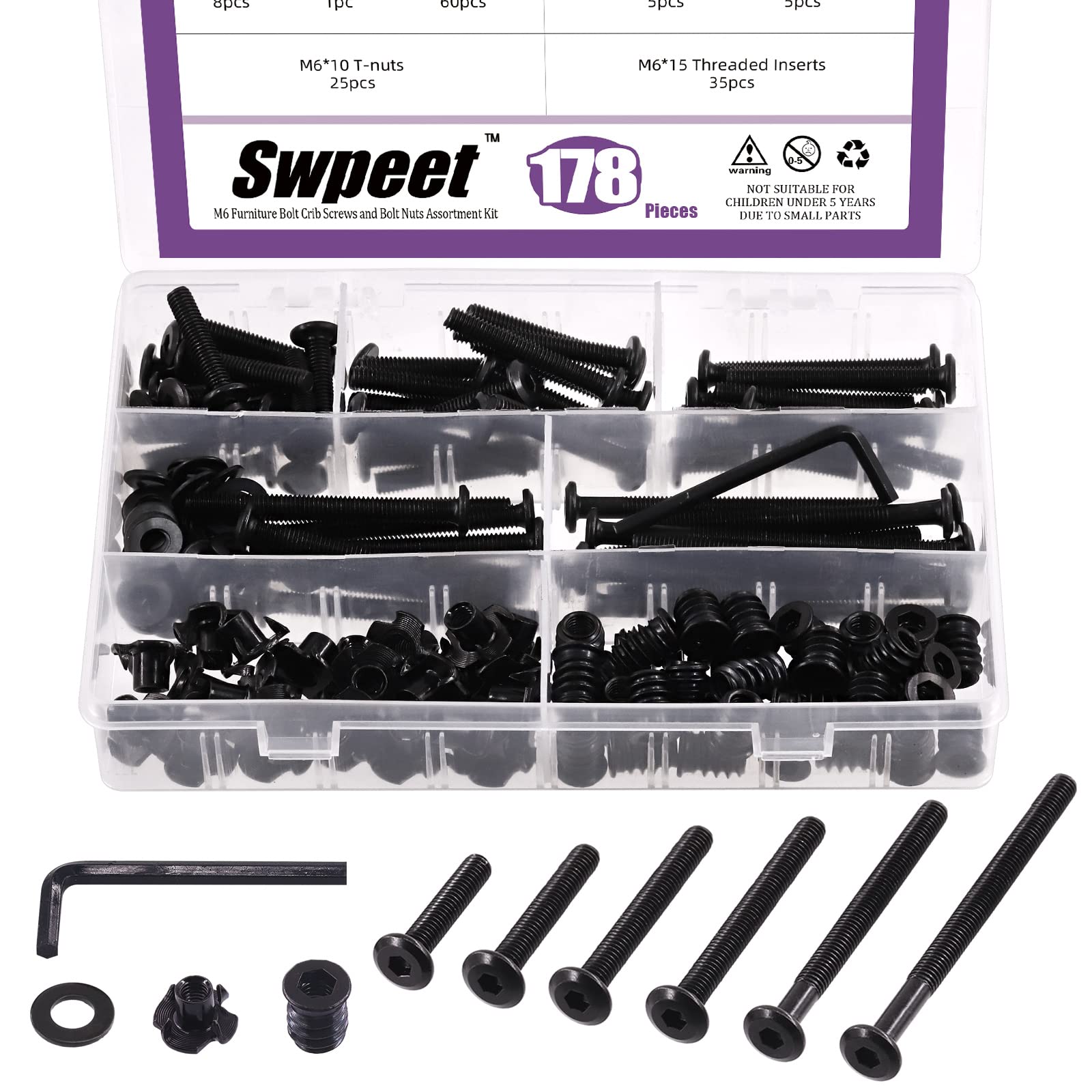 Swpeet 180Pcs M6 Carbon Steel Black Hex Drive Socket Cap Bolts and Threaded Inserts Nuts with T Nut 4 Pronged Tee Blind Nuts and Flat Washers Kit, 1Pcs Wrench Bolts Fully Threaded Hex Socket Screws
