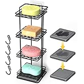 NiHome 4-Tier Vertical Soap Holder with Diatomite Mat, Rustproof Metal Shower Organizer for Bar Soap, Shampoo Bars, Sponges, Skincare, Fast-Drainage Open Slot Rack for Bathroom and Kitchen Countertops