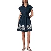 D-Sun Women Embroidery Shirt Dress Button Down Cotton Linen Short Sleeves Collared Belted Pleated Mini Dress with Pocket
