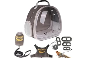 HALINFER Bearded Dragon Carrier Backpack with Security Printing Harness Leash and 3-Sized Harness Set, Reptile Lizard Travel Guinea Pig Bunny Kitten Travel Carry Bag to Transport (Grey, PU Leather)