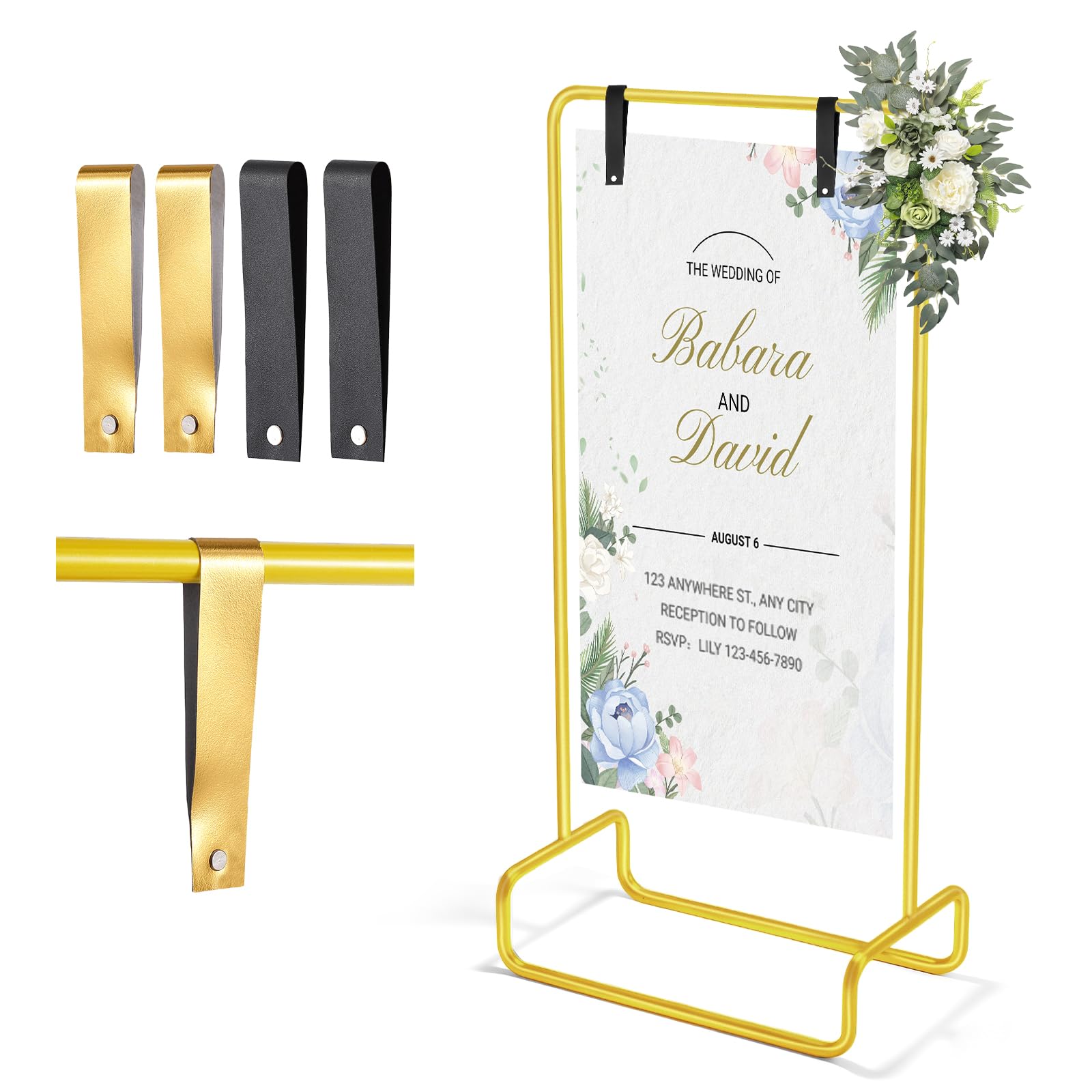 Photo 1 of Wedding Welcome Sign Holder, 68"x32"x16.5" Welcome to Our Wedding Sign Adjustable Gold Display Stand with Leather Sign Hanging Straps, Easel Stand Personalized for Baby Shower Bridal Shower Sign