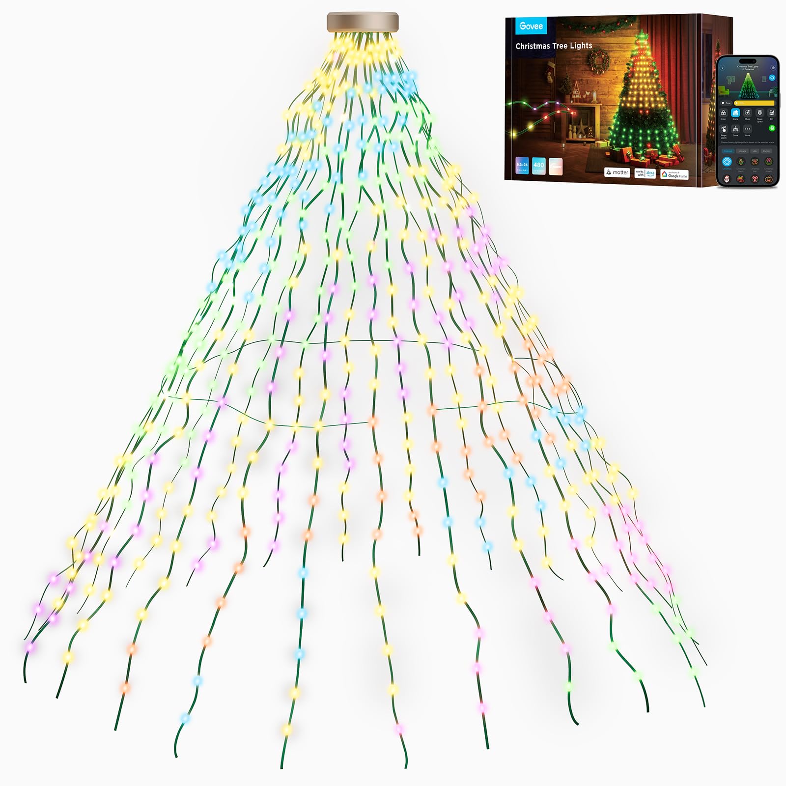 Govee Christmas Tree Lights, Smart 480 LEDs RGBIC Christmas Lights, 2M*24 Strips Smart String Lights Indoor, Music Sync, Voice Control, 60+ Scene Modes for Holiday Decor, Green Wire