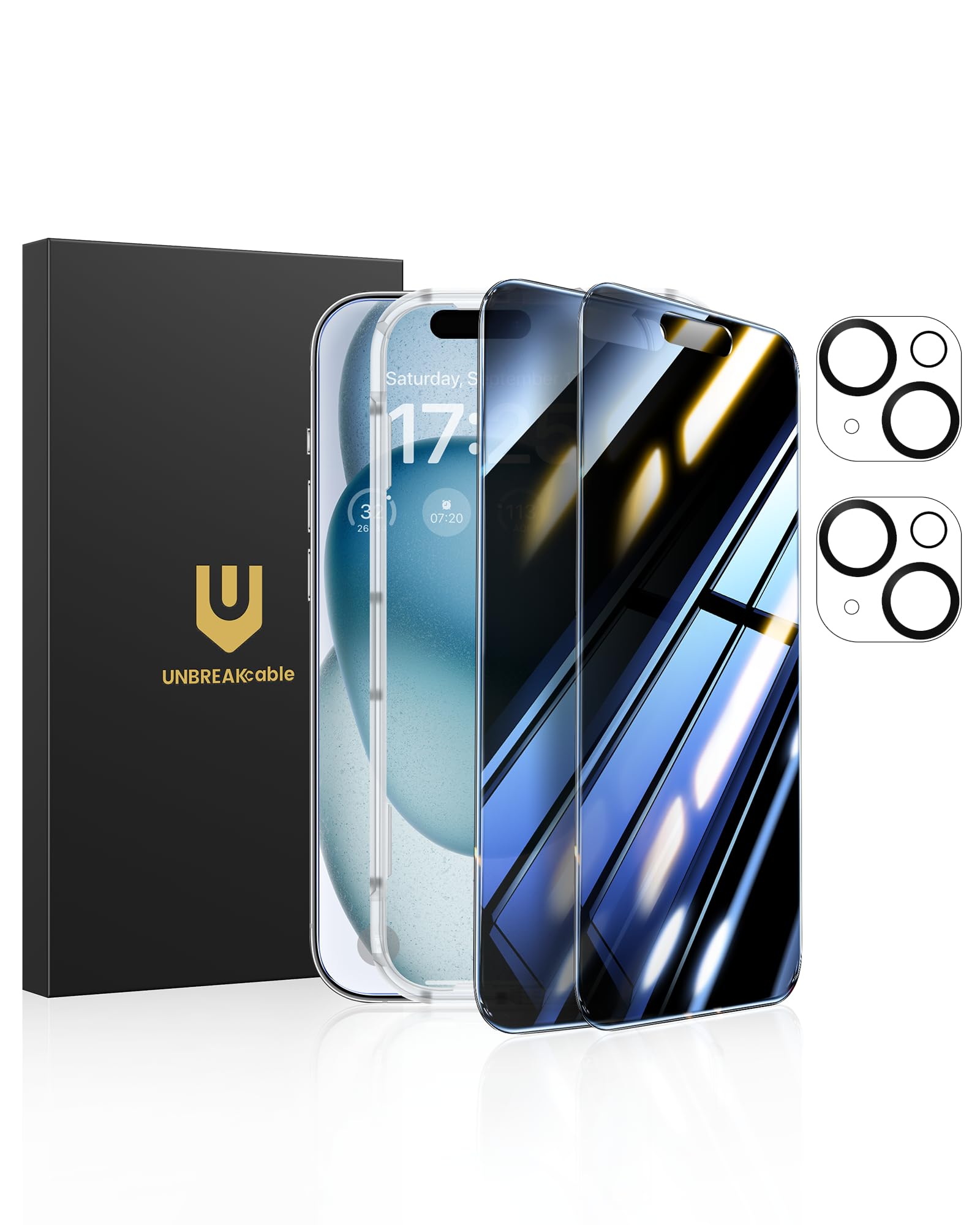 Photo 1 of UNBREAKcable Privacy Screen Protector for iPhone 15 (6.1-Inch), 2-Pack + 2 Lens Protectors?25° Anti-Spy?9H Hardness?Anti-Fingerprint?HD Clarity Tempered Glass