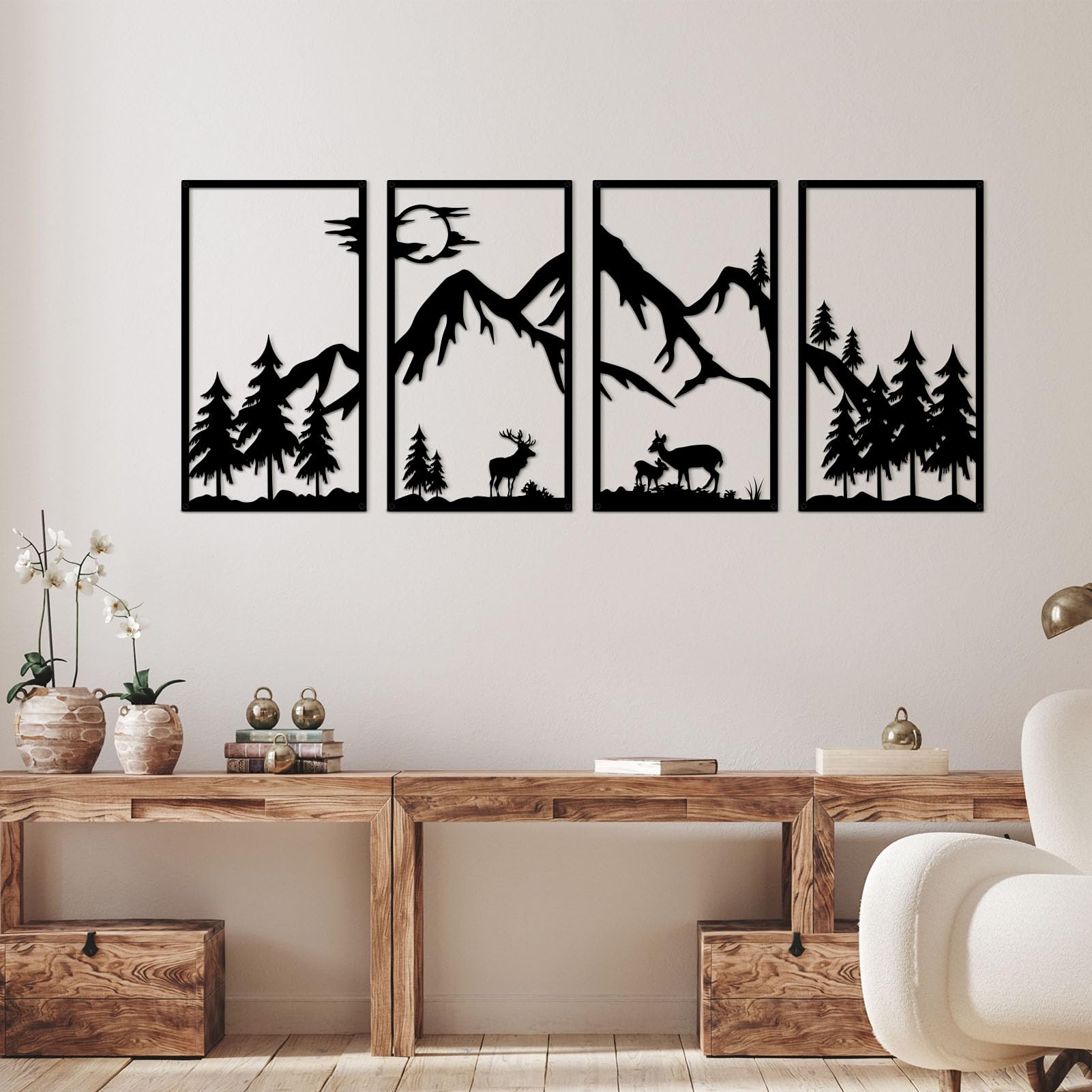 DUOOLN 4 Pcs Mountain Scene Metal Wall Decor, Black Line Drawing Wall Art, Abstract Minimalist Rustic Nature Home Wall Art Sculpture for Adventure Wall Decor and Garden Home Decor Hanging