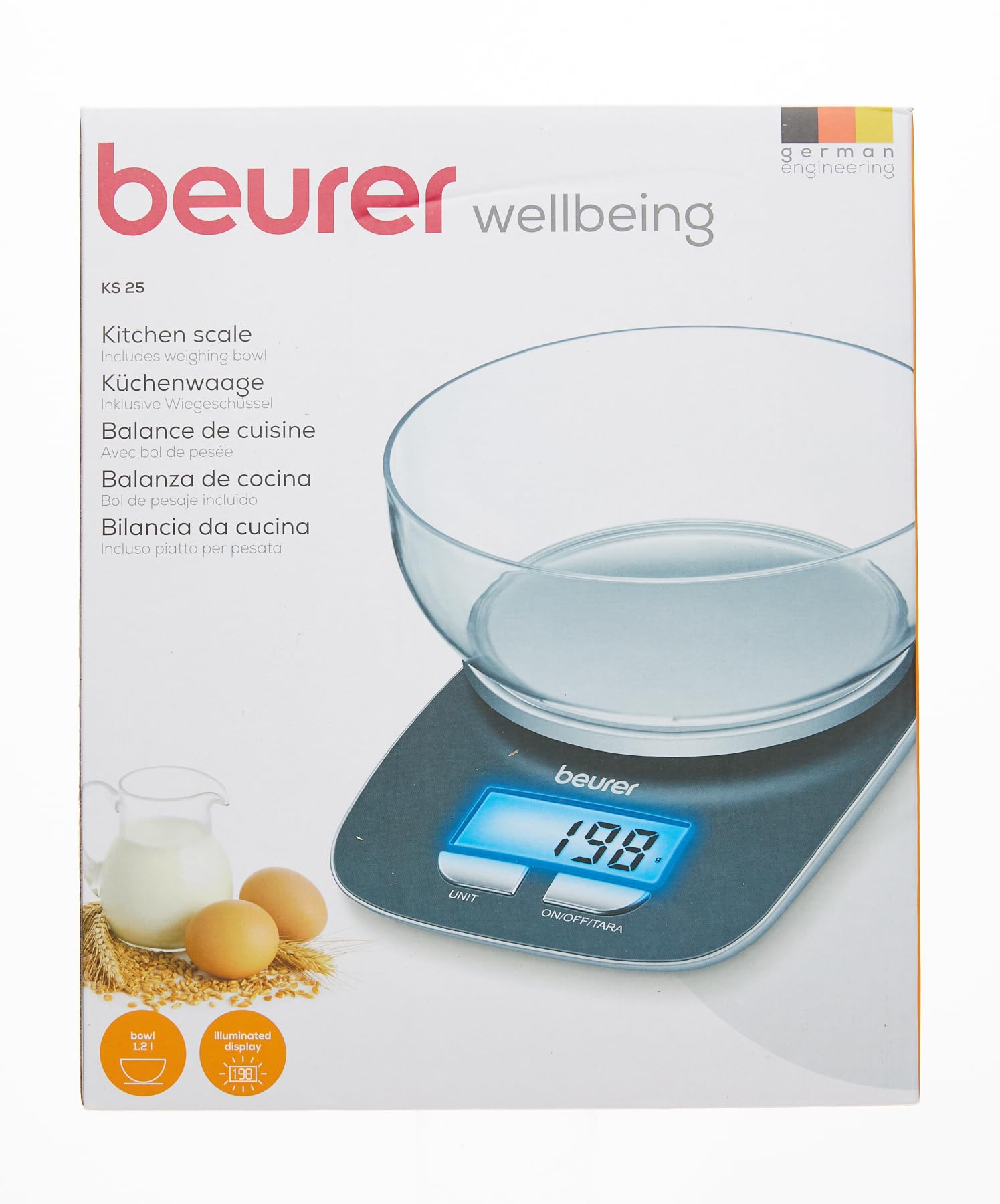Beurer KS25 Digital Kitchen Scale | with 1.2l Weighing Bowl | Tare Weighing Function | Adjustable Between kg, g, lb, oz | 3kg Weight Capacity