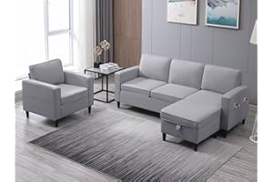 PUREMIND 3 Pieces Sofa Sets, Included 3 Seat Sectional Couch and Armchair and Storage Ottoman, Linen Fabric, Wooden Legs Comfy Furniture Sofa Sets for Living Room, Apartment, Office, Light Grey