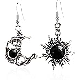 Vintage Boho Opal Sun and Moon Drop Dangle Earrings Moonstone Natural Stone Hook Bohemian for Women Asymmetrical Antiqued Silver Celestial Jewelry