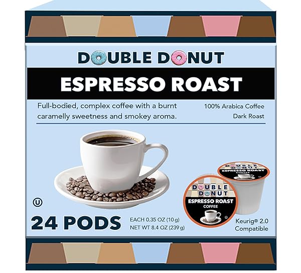 DOUBLE DONUT COFFEE ESPRESSO ROAST BLEND IN RECYCLABLE SINGLE SERVE ESPRESSO PODS FOR THE KEURIG K CUP MACHINE, 24 COUNT