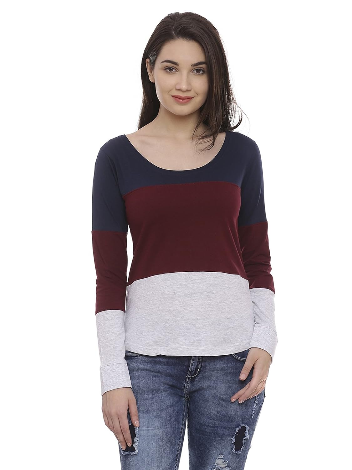 the dry state women's cotton navy blue multi panel full sleeves tshirt
