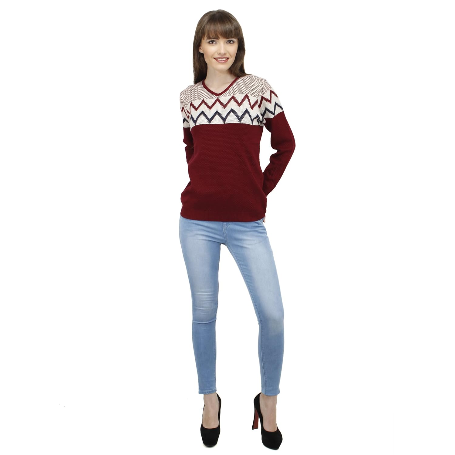 camey women's acrylic winter zig-zag woolen top (red, free size)