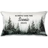 DOFQZ Winter Camping Forest Scenic Mountain Nature Throw Pillow Cover 18x18,Always Take the Scenic Route Forest Green Camping Pillow Cases Decorative for Home Decor,Rv Pillows Cover,Camper Lover Gifts