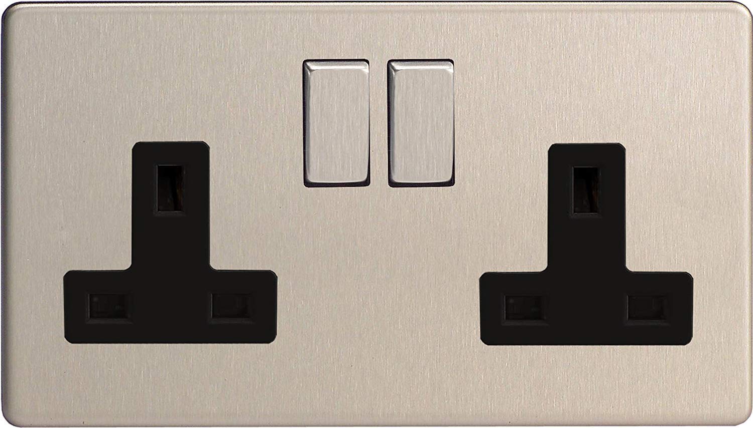 XDS5BS - Varilight - Flat Plate Screwless - Brushed Chrome - 2 Gang 13A Plug Socket - Metal & Black Inserts by Varilight