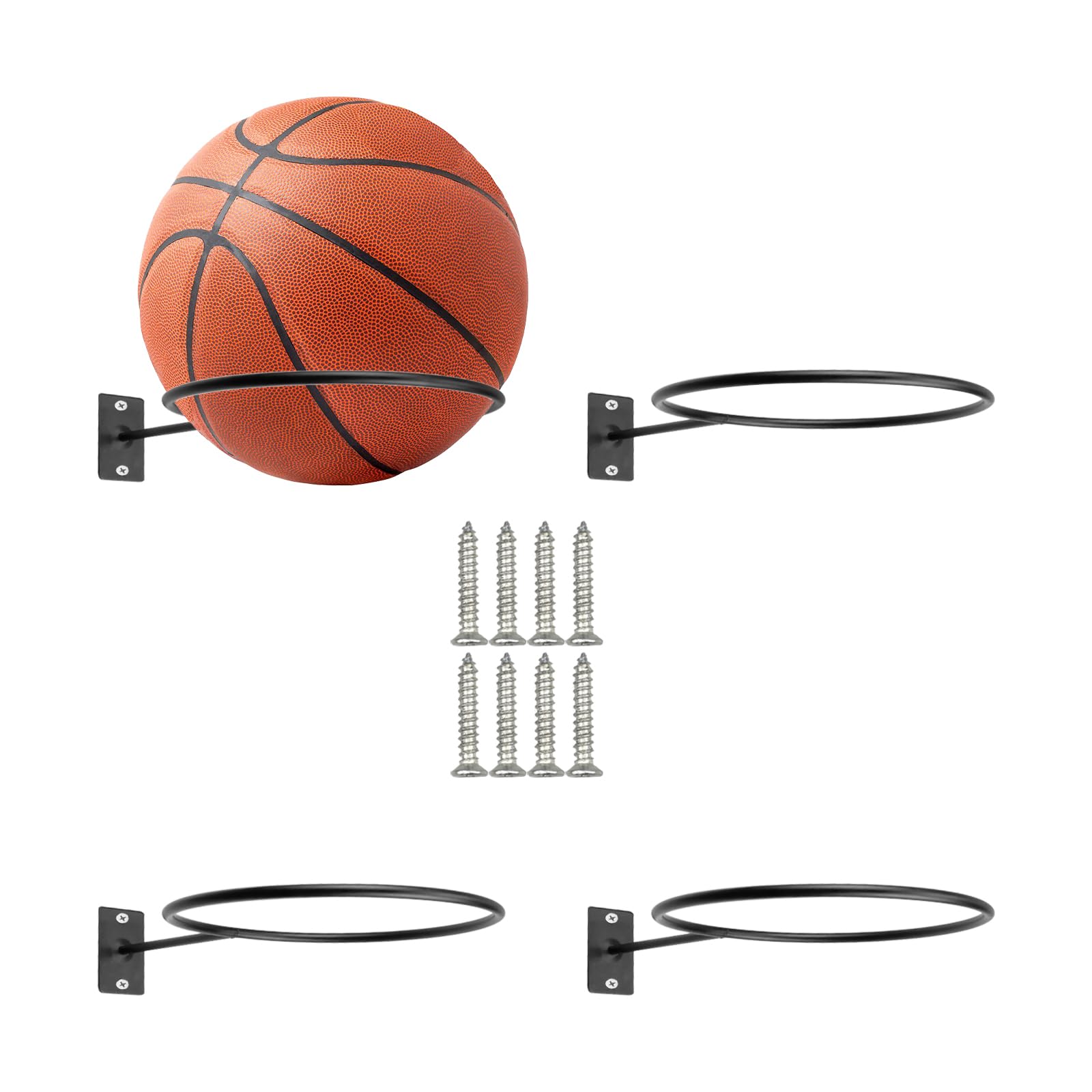 YunBey 4Pcs Metal Ball Wall Mounted, Universal Ball Storage Rack for Football, Basketball, Soccer, Volleyball, Rugby (Black)