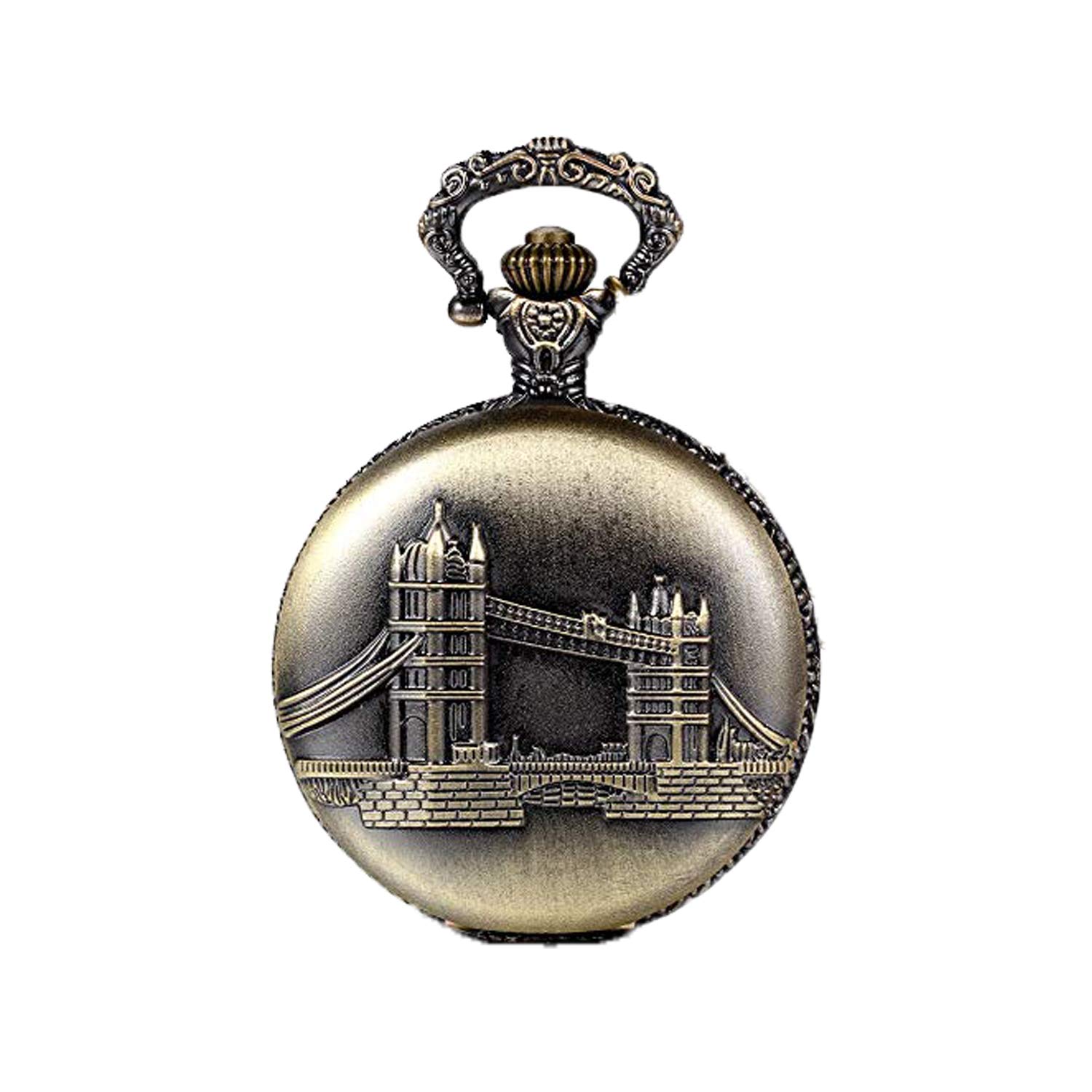 JewelryWe Vintage London Bridge Pattern Bronze Pocket Watch Steampunk Open Face Necklace Pendant 31" Chain