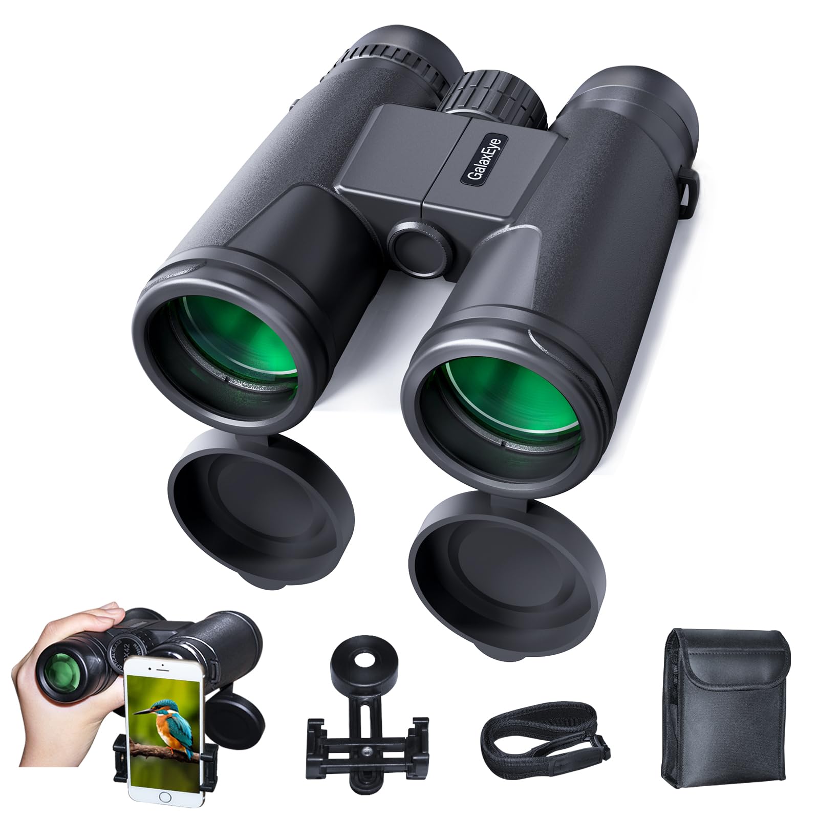 Binoculars for Adults 12x42 GalaxEye Compact with Phone Adapter Large View Easy Focus with HD BAK4 Prism FMC Lens for Bird Watching, Hunting, Stargazing, Cruise, Travel