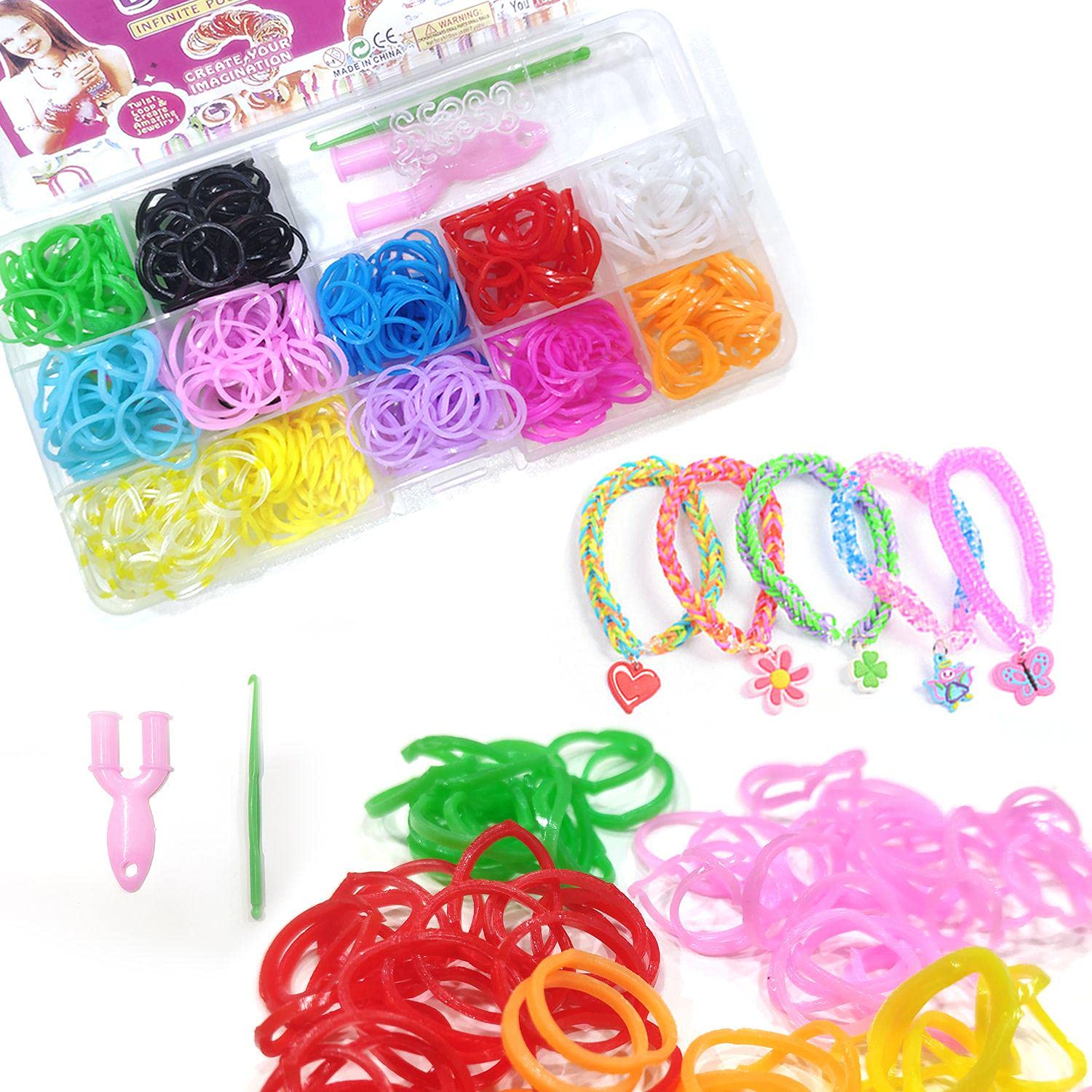 600 Pieces Elastic Rubber Bands Knitting Toy Loom Kit with Storage Box and Knitting Tool for Bracelet Necklace