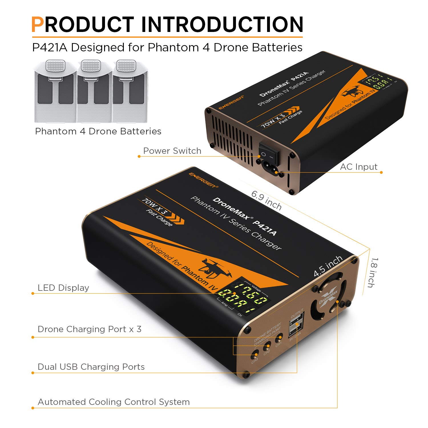Energen DroneMax P421A Drone Battery Charger, DJI Phantom 4 / Advanced/Pro/Pro+ Accessories, Intelligent Fast Multi Battery Charging Hub Station (Charge 3 Batteries & 2 USB Ports Simultaneously): Industrial & Scientific