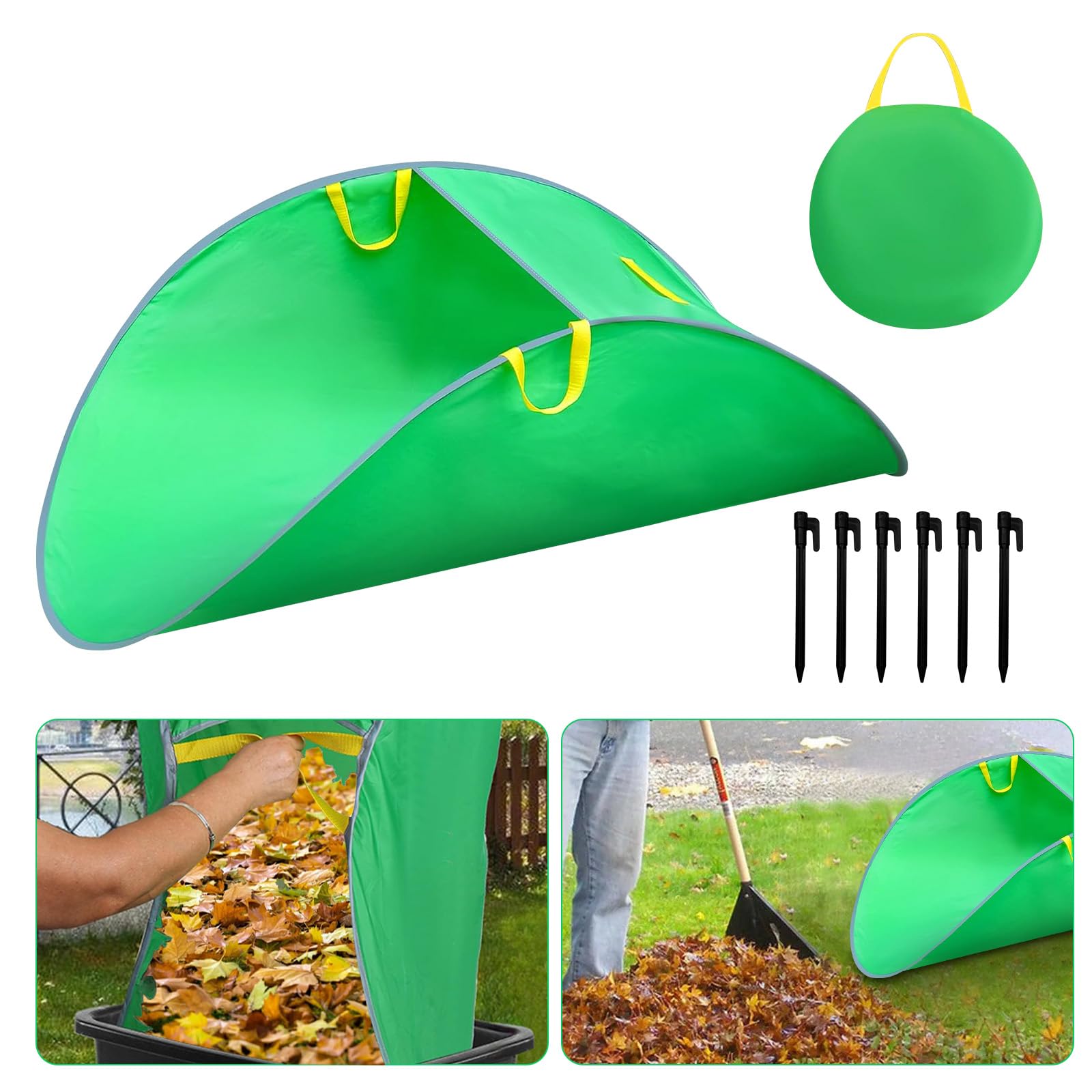 Roadtime Leaf Collector Garden Waste Bags with Handles, Collapsible Gardening Bags for Leaves add 6PCS Ground Nails, Portable Leaf Pick Up Tools Foldable Leaf Rabbers, Trash Can for Lawn Yard