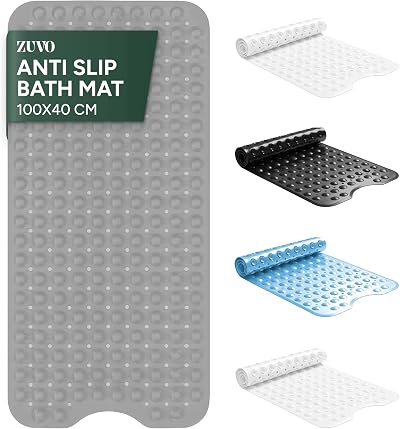 Zuvo Extra Long Bath Mat 100x40cm Grey Non Slip Anti Mould Machine Washable