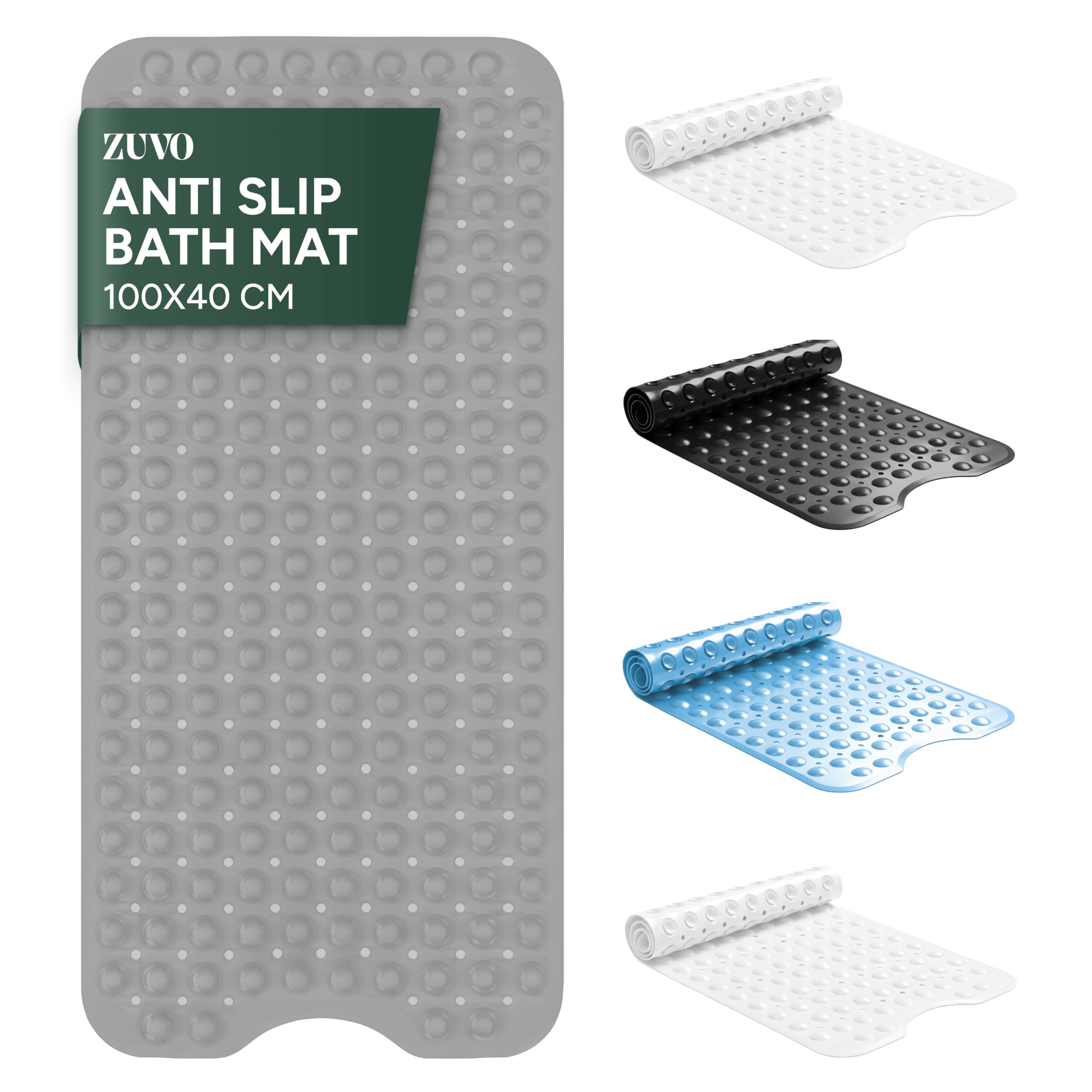 Zuvo Non-Slip Bath Mat for Inside Bath – Extra Long 100 x 40cm, Anti Mould, Machine Washable Shower Mat with Suction Cups & Drain Holes – Safe for Kids & Elderly (Grey)