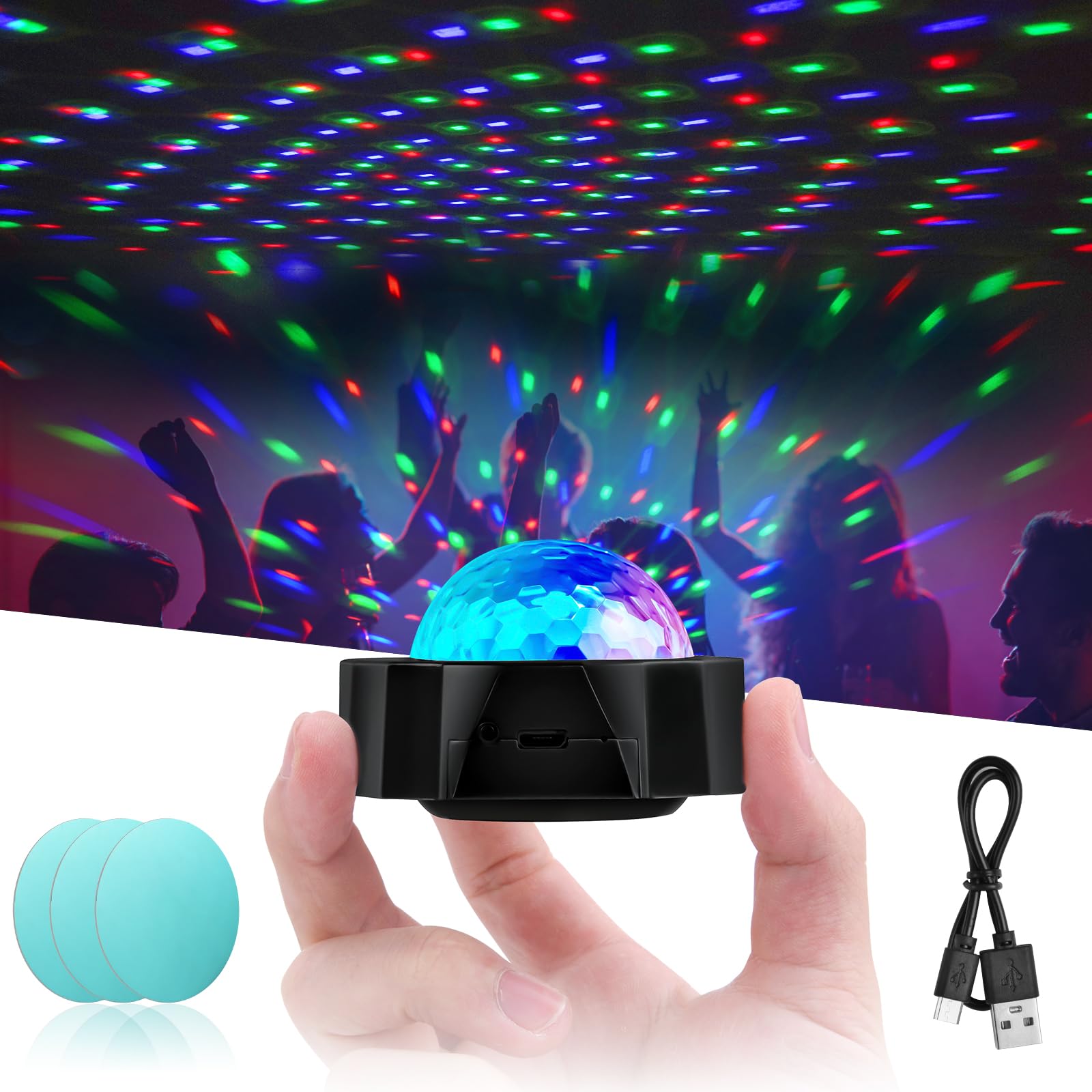 URAQT Mini Disco Ball Light, 3 Colours RGB Sound Activated Disco Ball, USB Rechargeable Music Controlled Stage Light for Parties and Car Interior Decoration