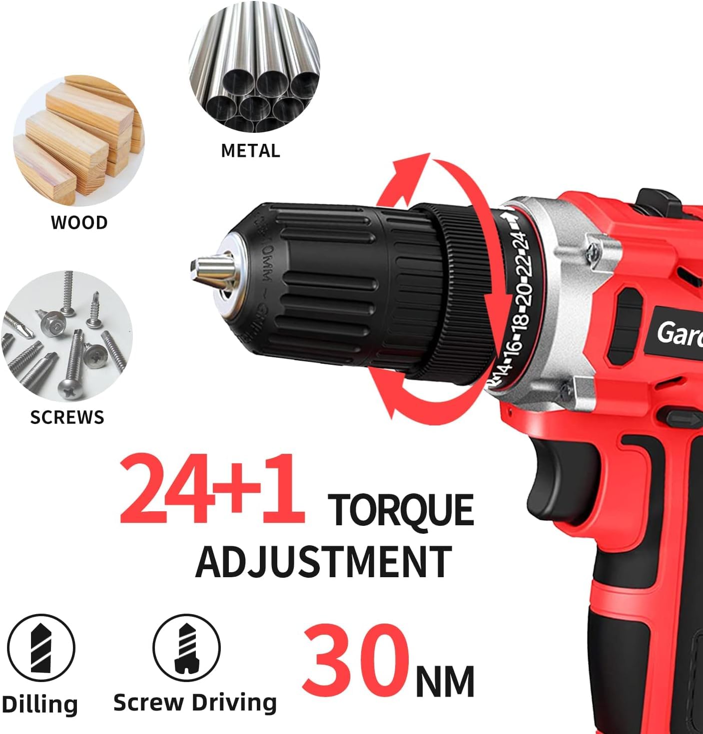 21V Power Drill Cordless Tool Kit Set, Electric Screwdriver Cordless Drill with Battery and Charger for Men Home, 3/8-Inch Keyless Chuck, Variable Speed, 24+1 Torque Setting with LED(Red)
