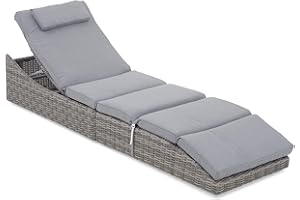 Soleil Jardin Folding Outdoor Adjustable Chaise Lounge Chair with Removable Cushion, Fully Assembled, Patio PE Rattan Reclining Lounger for Pool Beach, Gray