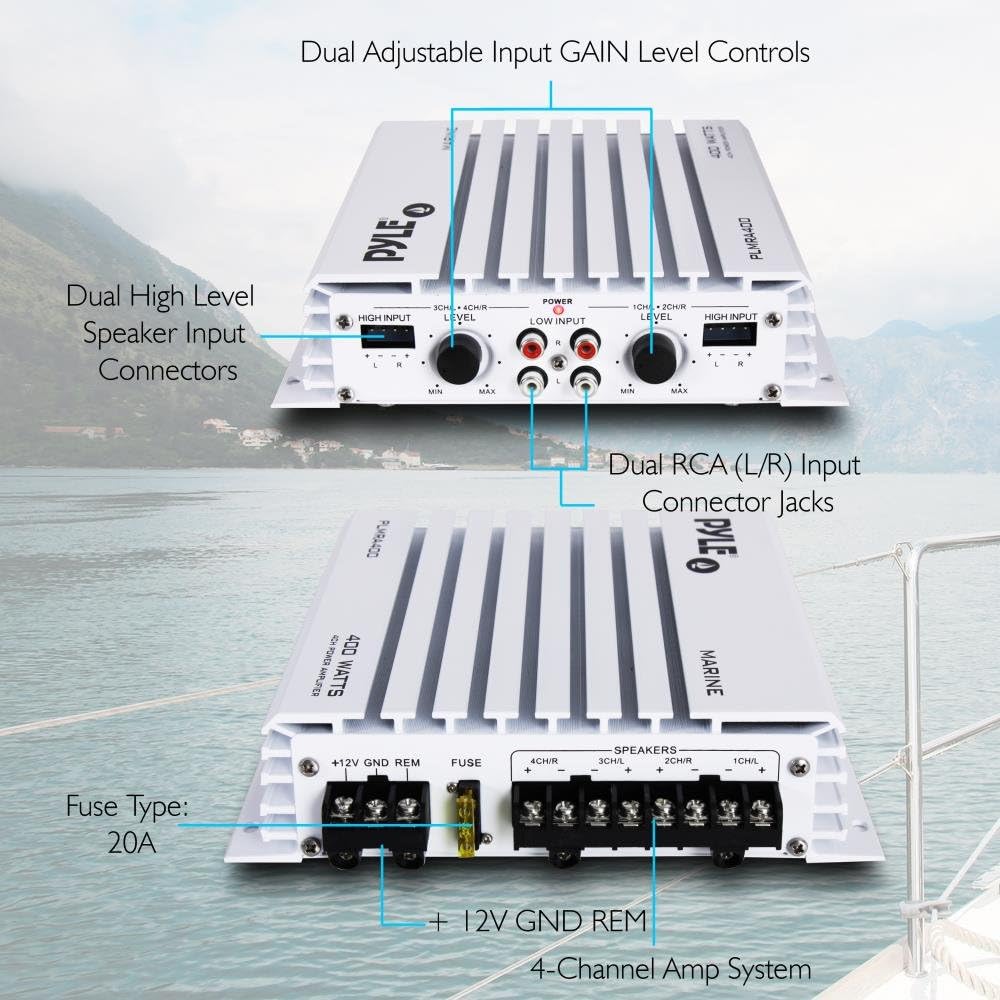 Pyle Hydra Marine Amplifier Upgraded Elite Series 400 Watt 4 Channel Audio Amplifier Waterproof, Dual Mosfet Power Supply, Gain Level Controls, RCA Stereo Input & LED Indicator (PLMRA400),BLACK: Car Electronics