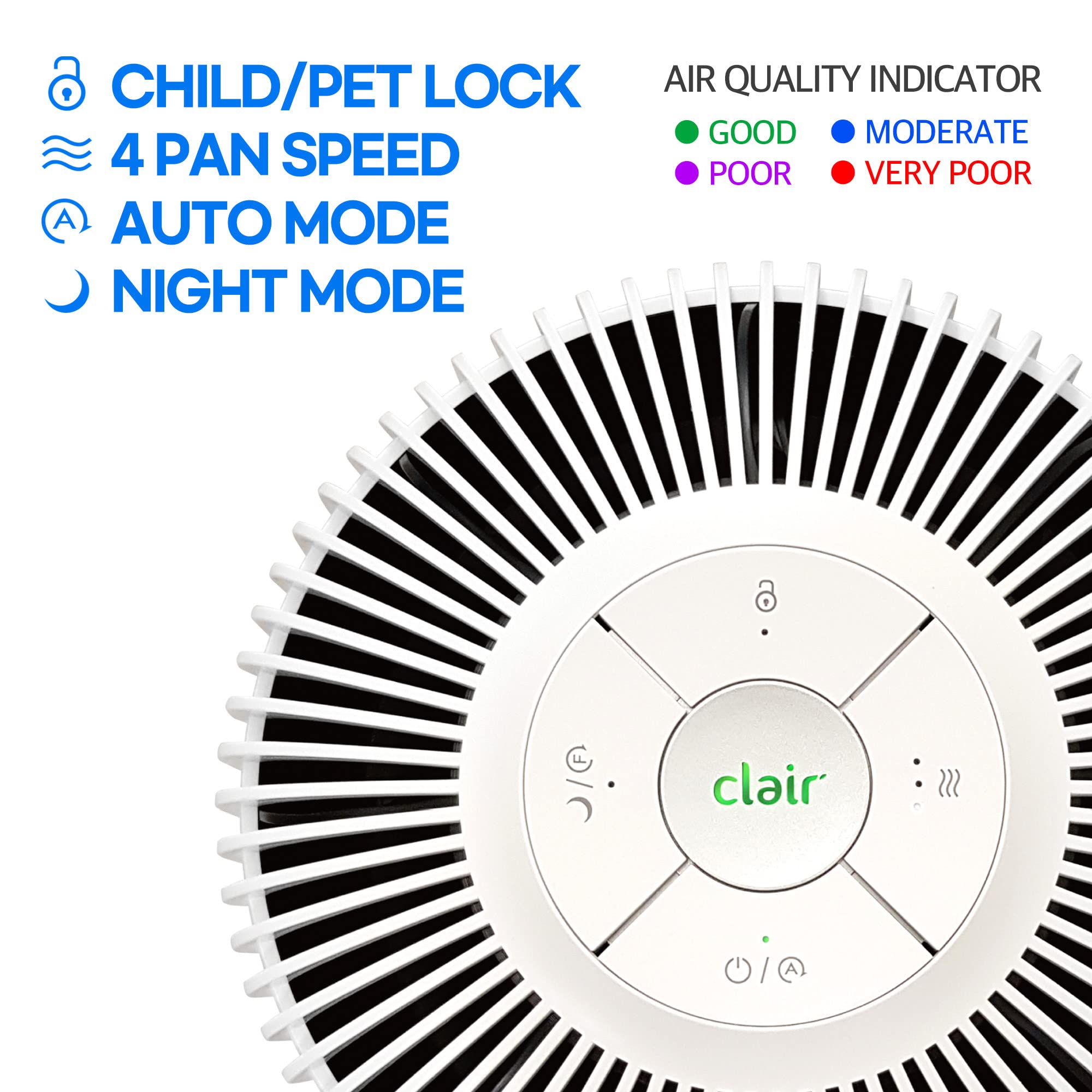 Clair K2 White Air Purifier for Home Bedroom Covers up to 1,071ft², H13 TRUE HEPA Removes 99.97% Allergens Dust Smoke Odor with Activated Carbon&Washable Pre-filter Air Quality Indicator,