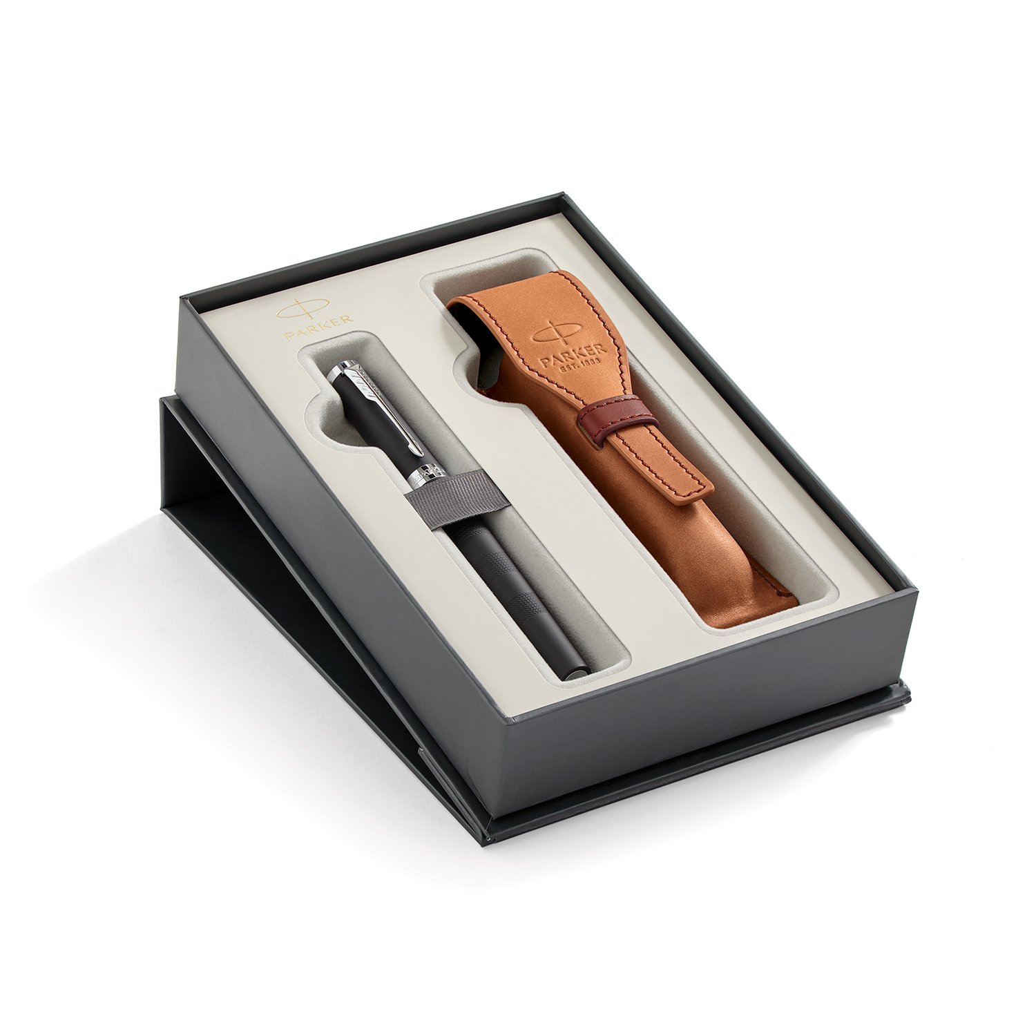 Parker Ingenuity Large Black Rubber CT + Brown Leather Pen Pouch Set