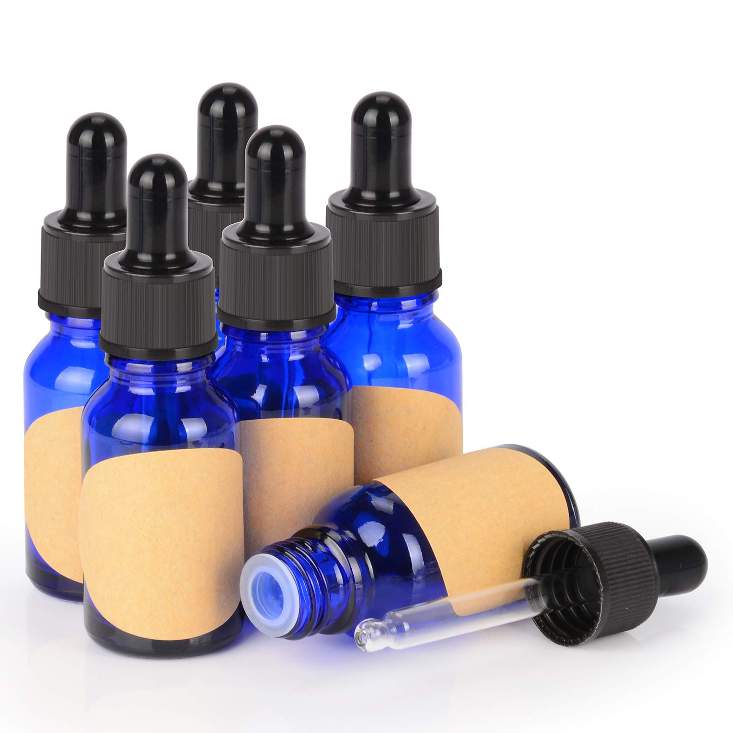 stonylab 15 ml 6-Pack Glass Dropper Bottle, Blue Empty Bottle with Glass Dropper, Inner Plug and Label for Laboratory Solutions