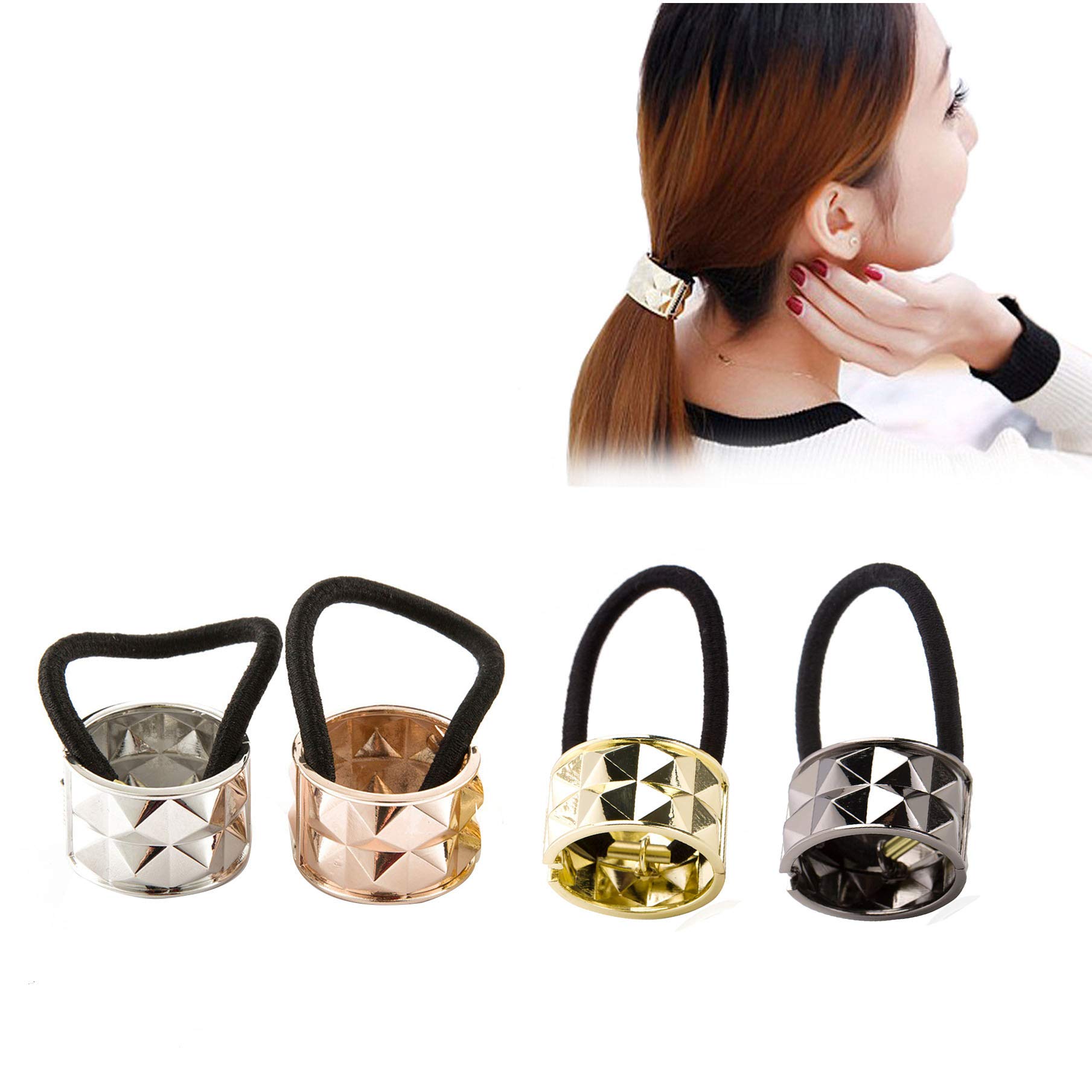 4PCS Fashion Zinc Alloy Ponytail Cuff Elastic Hair Tie Ponytail Holder Punk Gothic Hair Cuff Hair Rope Hair Band Hair Clips for Women Girl (A#)