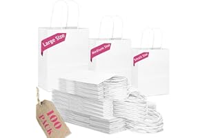 qiqee White Paper Gift Bags with Handles Bulk 100PCS Assorted Sizes(33 Large, 33 Medium, 34 Small)