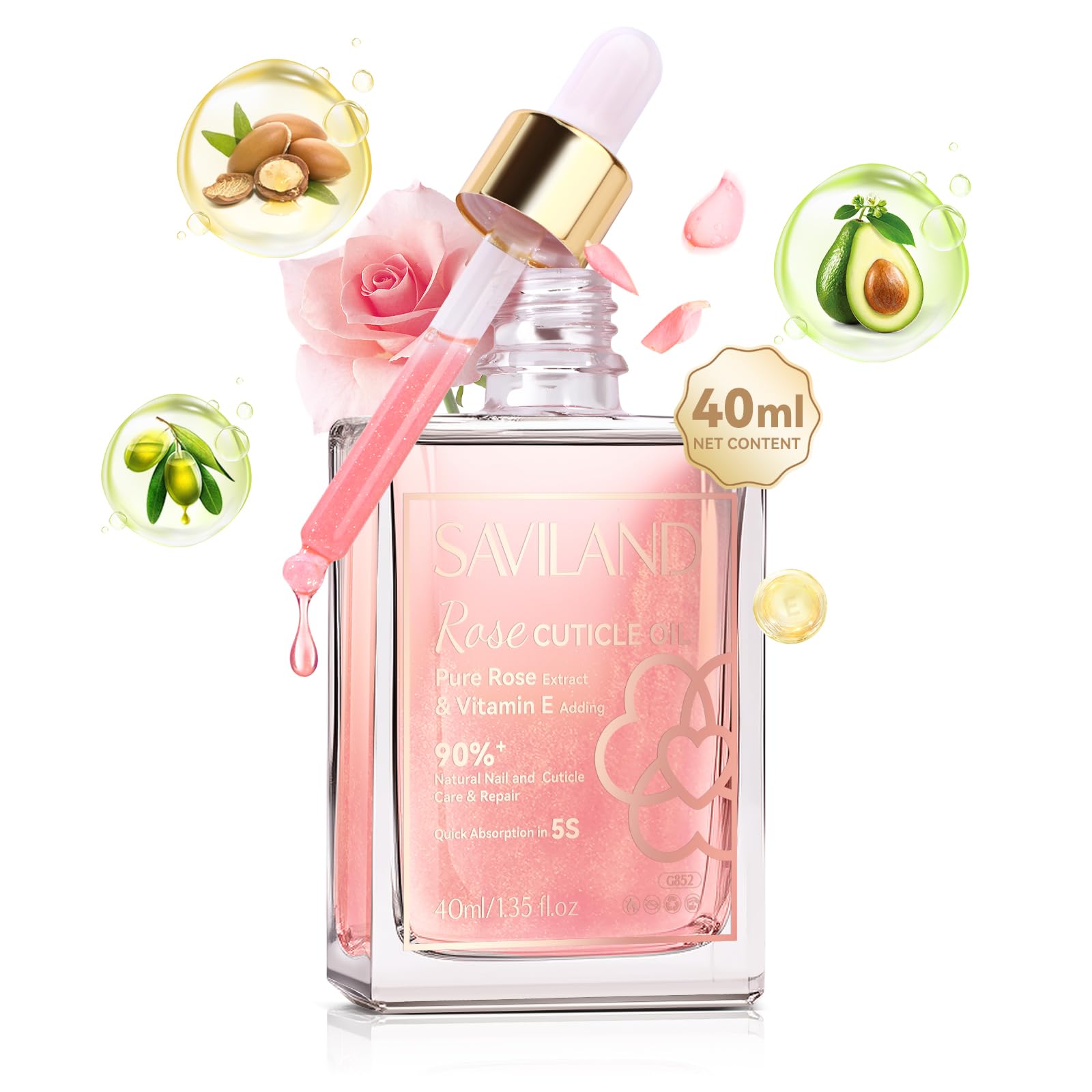 Saviland 40ml Cuticle Oil For Nails, Large Capacity Non-Irritating Jojoba Nail Cuticle Oil Contains Vitamins B & E With Dropper Design, Rose Nail Oil For Dry Nails Moisturizing And Repairing
