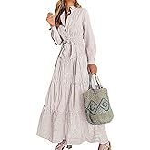 utcoco Womens Casual Long Sleeve Button Down Tie Waist Ruffled Striped Maxi Shirt Dress