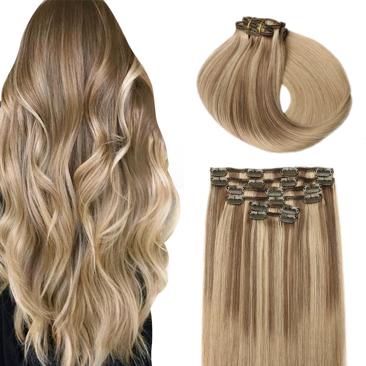 SURNEL 16inch Clip in Hair Extensions Human Hair 6pcs 100g Double Weft Clip in Extensions Balayage Ombre Color 10 Golden Brown Highlighted Fading to 16 Golden Blonde (C#10/16/16,16'') — image 1