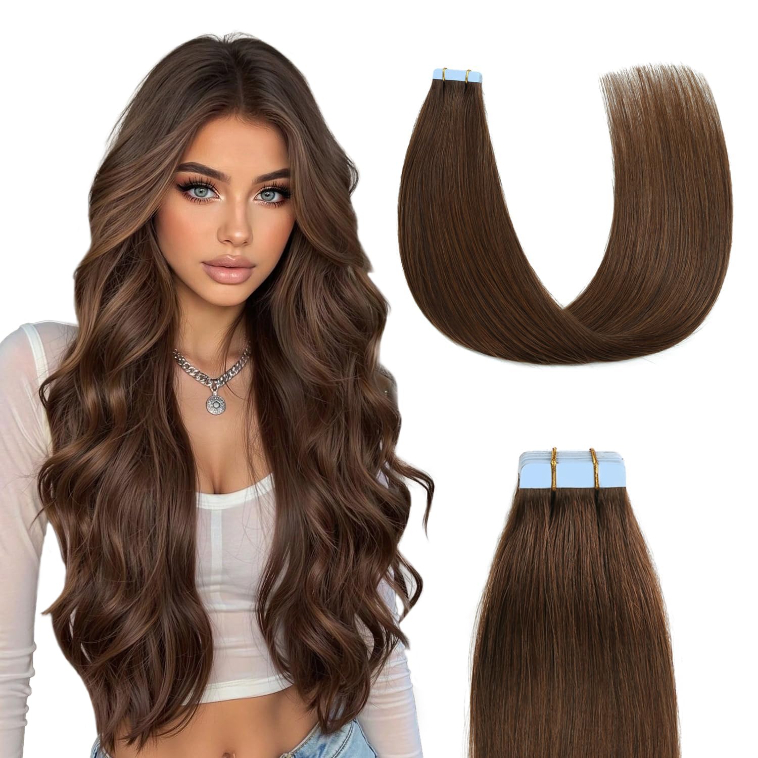 Sunya Tape in Hair Extensions Human Hair Chocolate Brown Tape Hair Extensions 14 inch Tape in Hair Extensions Natural Invisible Straight Hair Extensions Tape in 40g 20pcs/Pack — image 1