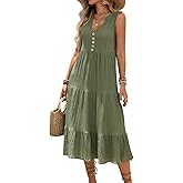 HELYO Women's Casual Summer Dress 2026 Sleeveless V Neck Button Beach Sundress Tiered Ruffle Flows Skirt Midi Dresses