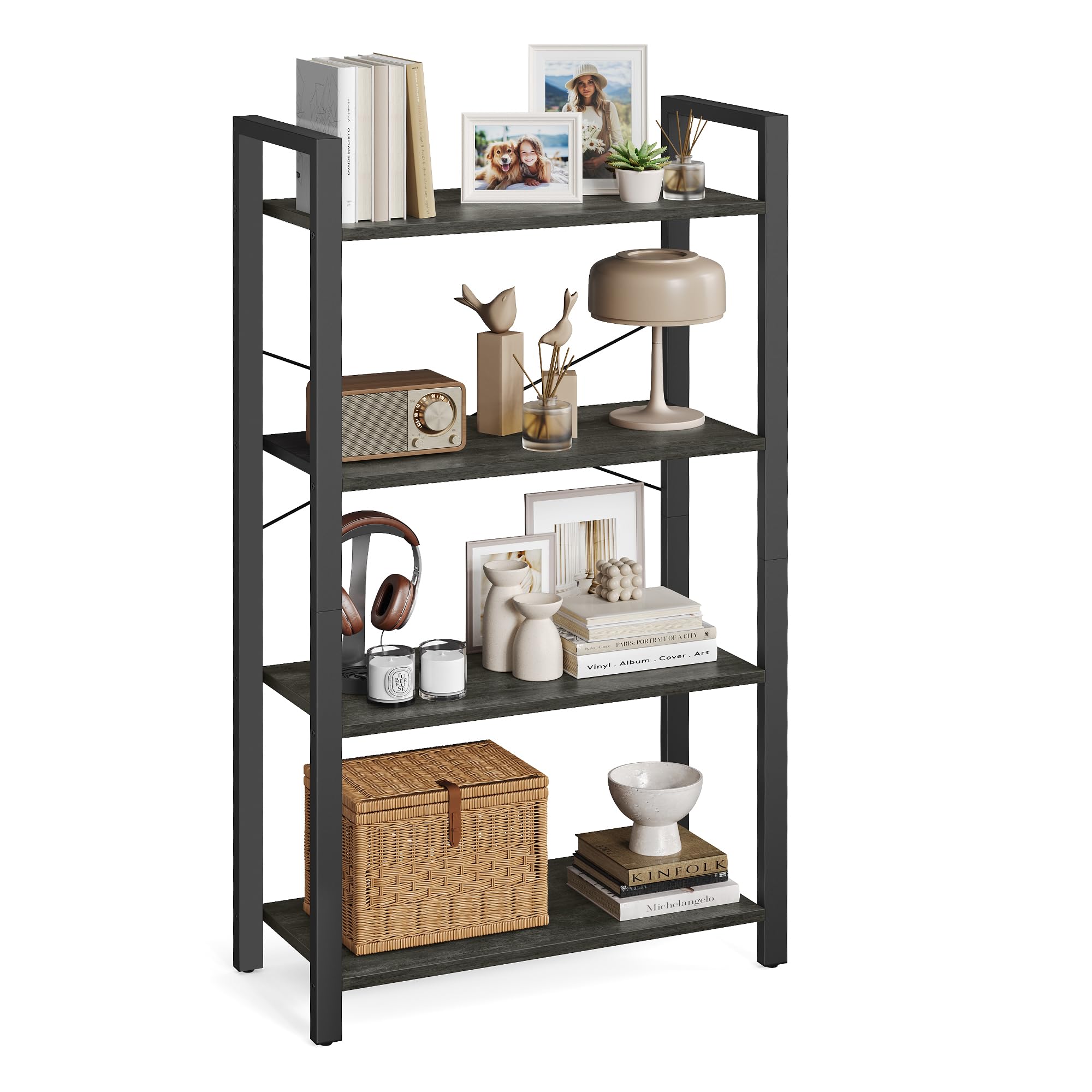 VASAGLE 4-Tier Bookshelf, Bookcase with Steel Frame, Book Shelf for Living Room, Home Office, Study, 11.8 x 26 x 47 Inches, Industrial Style, Charcoal Grey and Ink Black ULLS060B04