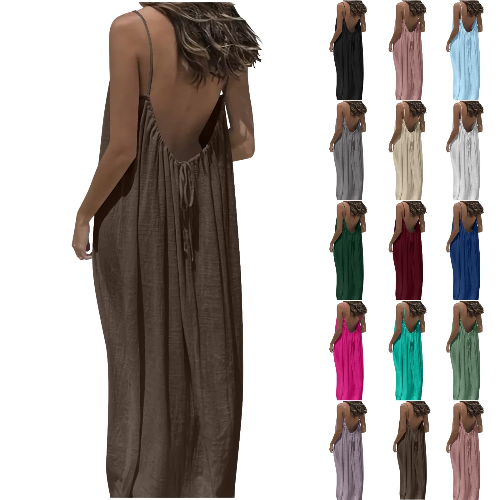 SCRRMZO House Dress for Women Backless Cami Dresses for Women Cami Lounge Dress Backless Sleeveless House Long Sundress with Back Tie Coffee