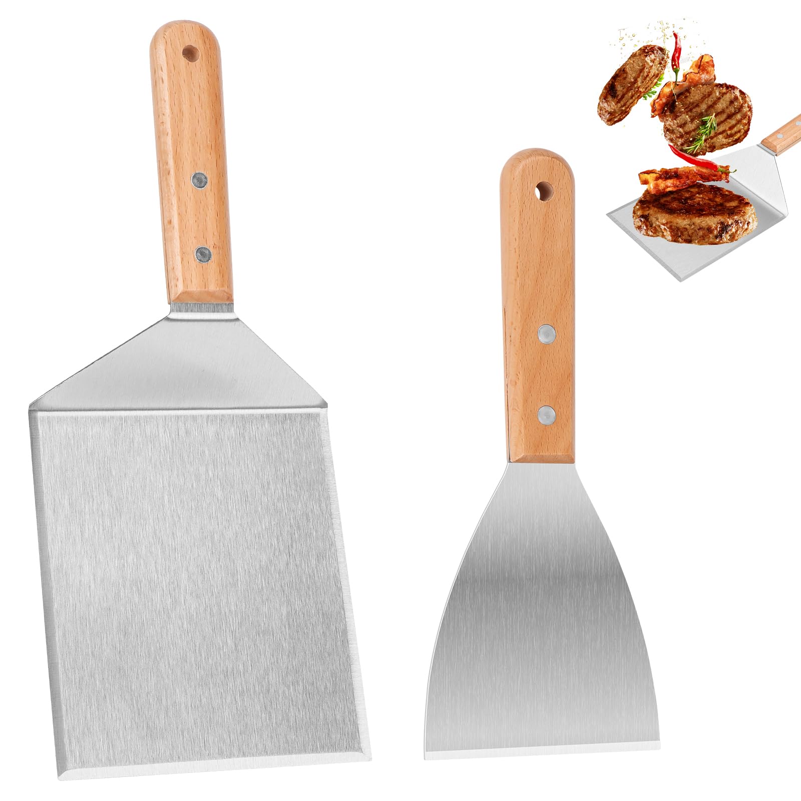 Set of 2 Grill Spatula Plancha Spatula Spatula Stainless Steel with Wooden Handle Grill Scraper Burger Spatula for Indoor and Outdoor Barbecue