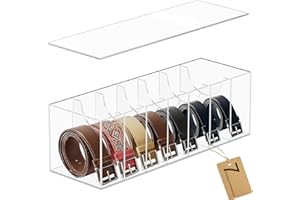 CLBDRESS Belt Organizer, Acrylic Belt Storage Organizer for Closet with Dust Cover, 7 Compartments Belt Box for Drawer, Clear Belt Holder, Display Case for Tie and Bow Tie for Men, Women