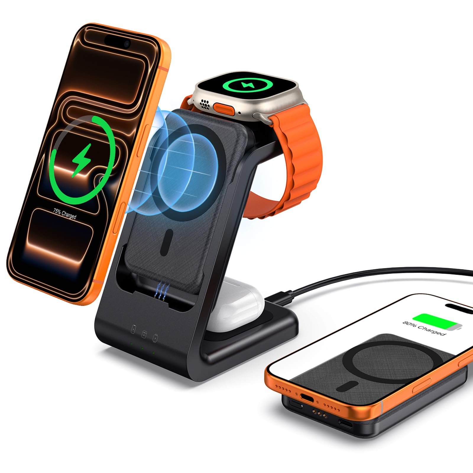 leChivée Magnetic Wireless Charger for iPhone 17 with 5000mAh Detachable P-ower Bank, 3 in 1 Charging Station for iPhone 17/Air/15/14/13, Charging Stand for iWatch Ultra 2/10/9/8, for AirPods 4/Pro 3