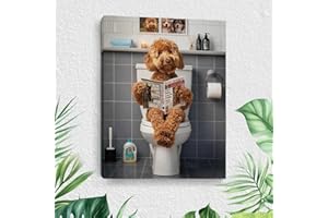 Funny Goldendoodle Bathroom Wall Art, Dog Reading Newspaper on Toilet Canvas Wall Decor, Framed Humor Animal Picture Toilet B
